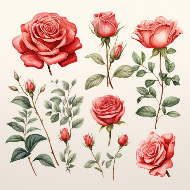 Belas rosas aquareladas Clipart com cores ousadas geradas por IA