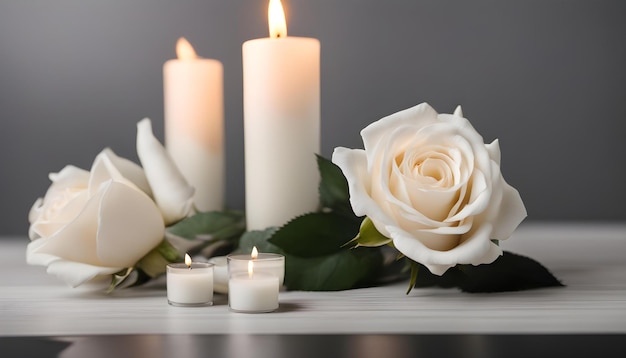 Foto belas rosas brancas e vela na mesa contra fundo preto símbolo funerário