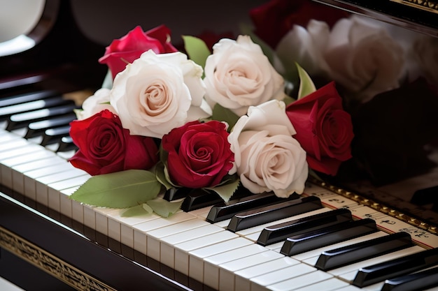 Foto belas rosas colocadas em um piano simbolizam o amor brilhante e alegre em todas as ocasiões e no dia dos namorados