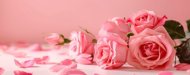 Foto belas rosas cor-de-rosa em fundo pastel com espaço de cópia para o texto conceito do dia dos namorados