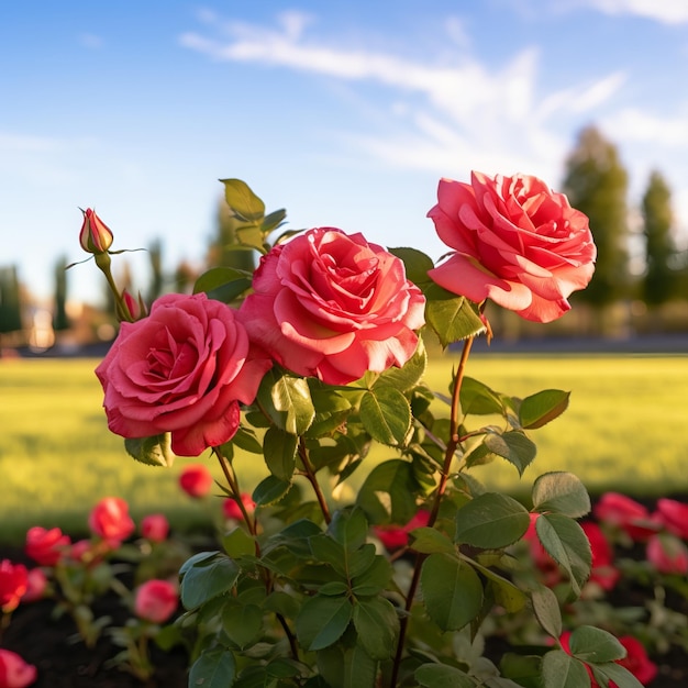 Belas rosas em um fundo de grama verde e céu azul