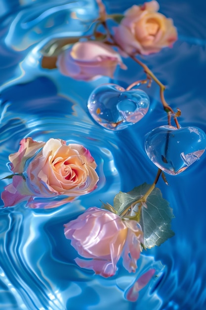 Belas rosas flutuando em água azul com pétalas em forma de coração