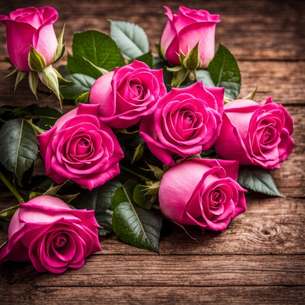 Belas rosas rosa quente em fundo de madeira