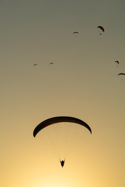 Belas silhuetas de parapentes voando no céu ao pôr do sol