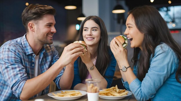 Belas sorrisas e jovens amigos têm prazer enquanto comem hambúrguer e batatas fritas no rápido r