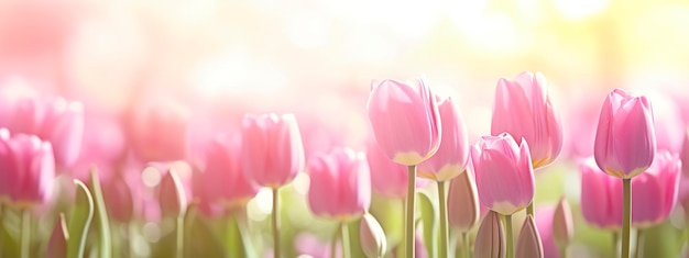 Belas tulipas cor-de-rosa em um fundo ensolarado de primavera