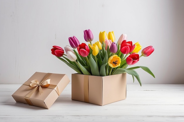 Belas tulipas e caixa de presente em fundo de madeira branca