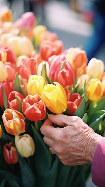 Belas tulipas nas mãos de um aposentado.