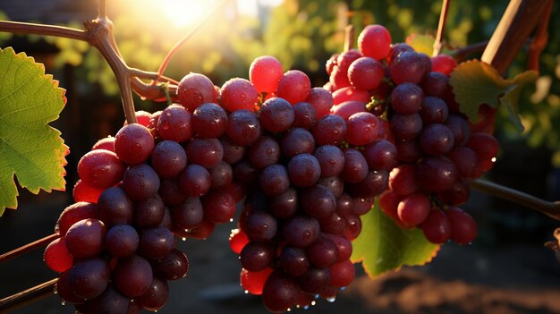 Belas uvas numa videira contra o pôr-do-sol.