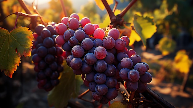 Belas uvas numa videira contra o pôr-do-sol.