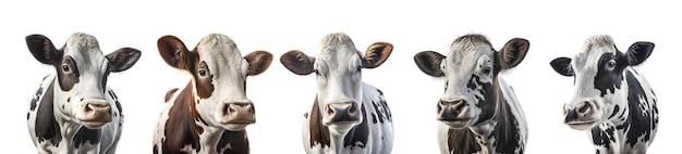 Belas vacas em um fundo branco vaca de fazenda isolada em gado rural branco preto e branco suave olhar surpreso espaço de cópia de retrato de gado