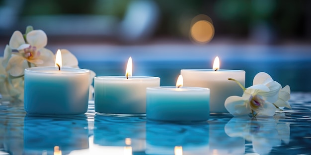 Belas velas perto da piscina relaxamento e romance foto de alta qualidade IA geradora