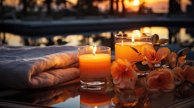 Foto belas velas românticas em copos de vidro flores sobre uma superfície de madeira tema de descanso e relaxamento