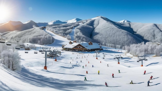 Belas vistas da estação de esqui com teleféricos e esquiadores