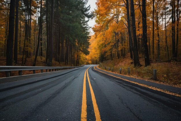 Belas vistas da estrada de asfalto que atravessa a floresta de outono