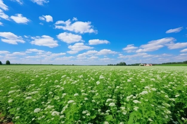 Belas vistas de campos de trigo sarraceno sob o céu azul