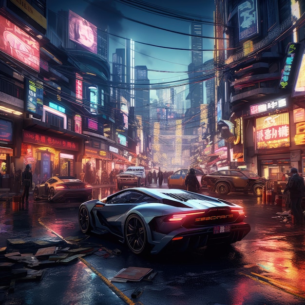 Belebter Cyberpunk-Stadtstraßenhintergrund, generative KI