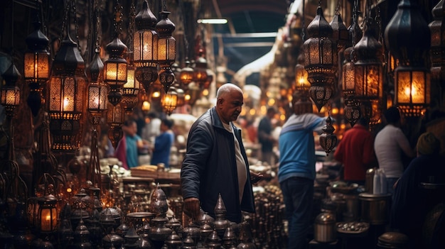 Belebter marokkanischer Souk mit aufwendigen Lampen