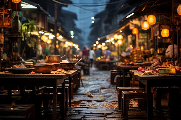 Belebter Nachtmarkt mit generativer Streetfood-KI