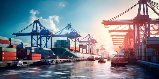 Belebter Seehafen mit Be- und Entladung von Frachtschiffen, Kranen, die Container heben, und Logistikoperationen zur Unterstützung des weltweiten Handels