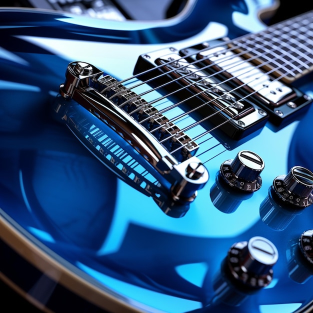 Beleuchten Sie Ihre Sinne mit dieser in hypnotisierendes blaues Licht getauchten E-Gitarre. Das schlanke Design und die metallischen Texturen unterstreichen ihre Ästhetik