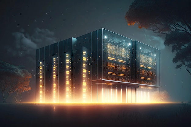 Beleuchtet von hellen Abendlichtern futuristisches Bibliotheksrechenzentrum auf dunklem Hintergrund generative ai