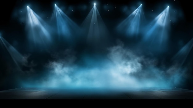 Beleuchtete Bühne mit landschaftlichen Lichtern Rauch Blaue Konzertbeleuchtung gegen einen dunklen Hintergrund