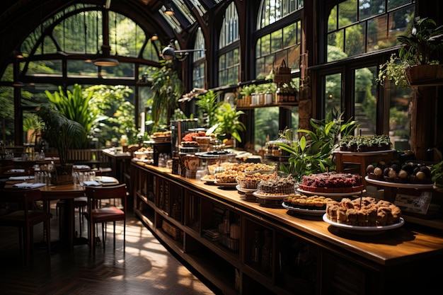 Foto beleuchtete cafeteria mit blick auf üppige, generative farne