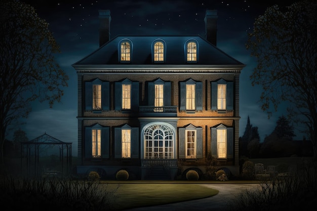 Beleuchtete Fenster des Herrenhauses auf der Außenseite eines Landhauses eines klassischen Hauses in der Nacht