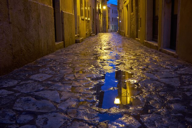 Beleuchtete Gasse inmitten von Gebäuden in der Stadt bei Nacht