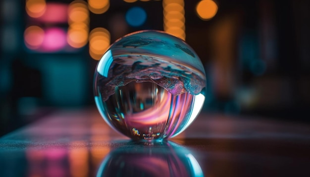 Beleuchtete Glaskugel reflektiert hellen Nachtclubhintergrund, der von KI generiert wird