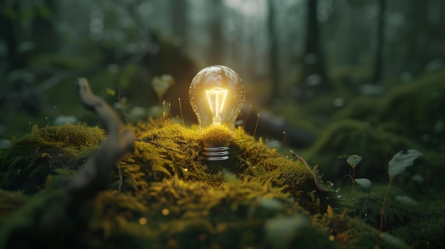 Beleuchtete Glühbirne in einem mystischen Wald Konzept von Ideen und Natur ruhige magische Wälder Szene kreatives Outdoor-Bild mit einem Vintage-Look KI