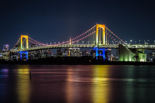 Beleuchtete Hängebrücke über den Fluss in der Nacht