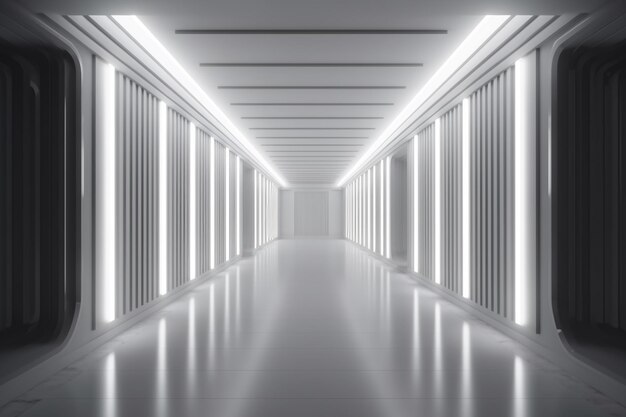 Beleuchtete Korridor-Innenarchitektur, leerer Raum, Innenhintergrund, kreative KI
