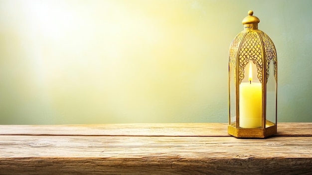 Beleuchtete Laterne auf rustikalem Holz Eine ruhige Ramadan-Szene