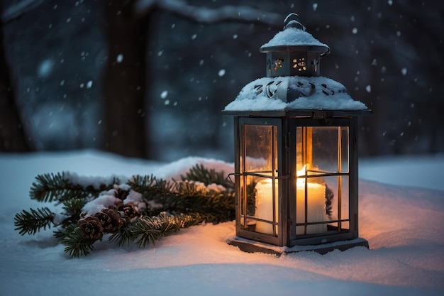 Beleuchtete Laterne in einer schneebedeckten Szene