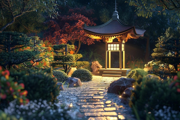 Beleuchtete Pagode in einem friedlichen japanischen Garten