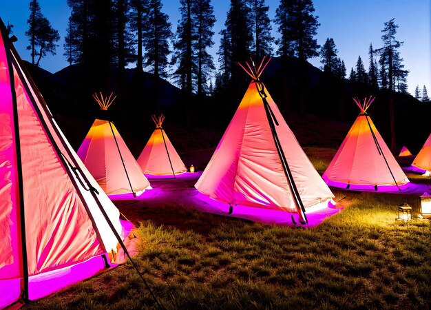 Foto beleuchtete tipis werden mit rosa lichtern beleuchtet.