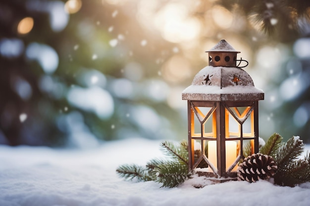 Beleuchtete Weihnachtslaterne unter dem Weihnachtsbaum im Schnee, nachts im Freien mit Schnee bedeckt. Weihnachtsstimmung. Selektiver Fokus. Platz für Kopie