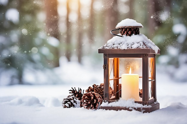 Beleuchtete Weihnachtslaterne unter dem Weihnachtsbaum im Schnee, nachts im Freien mit Schnee bedeckt. Weihnachtsstimmung. Selektiver Fokus. Platz für Kopie
