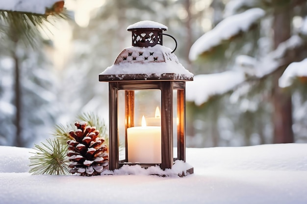 Beleuchtete Weihnachtslaterne unter dem Weihnachtsbaum im Schnee, nachts im Freien mit Schnee bedeckt. Weihnachtsstimmung. Selektiver Fokus. Platz für Kopie