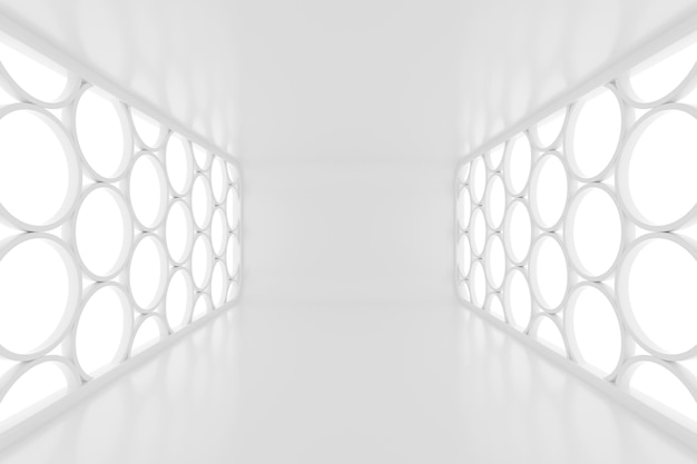 Beleuchteter leerer offener Raumkorridor oder Innenraum Weißer abstrakter moderner Architekturhintergrund 3D-Rendering