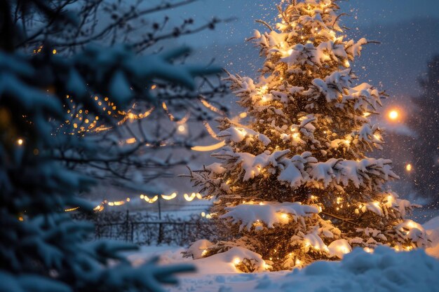 Beleuchteter schneebedeckter Weihnachtsbaum im Winterwunderland