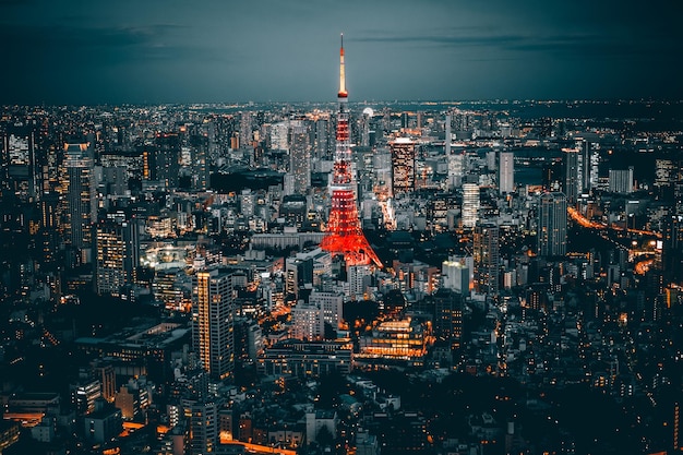 Beleuchteter Tokyotower inmitten von Gebäuden in der Stadt gegen den Himmel