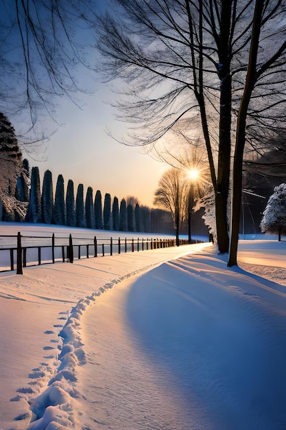 Beleuchteter verschneiter Weg in einem Park in einer kalten Winternacht. Hohe Auflösung, realistischer Look, Ultra HD
