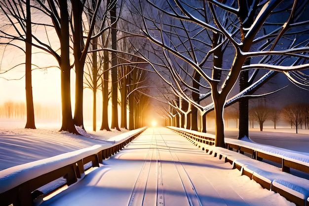 Beleuchteter verschneiter Weg in einem Park in einer kalten Winternacht. Hohe Auflösung, realistischer Look, Ultra HD