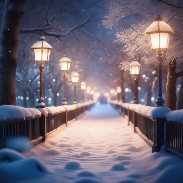 Foto beleuchteter verschneiter weg in einem park vor einem kalten winternachthintergrund