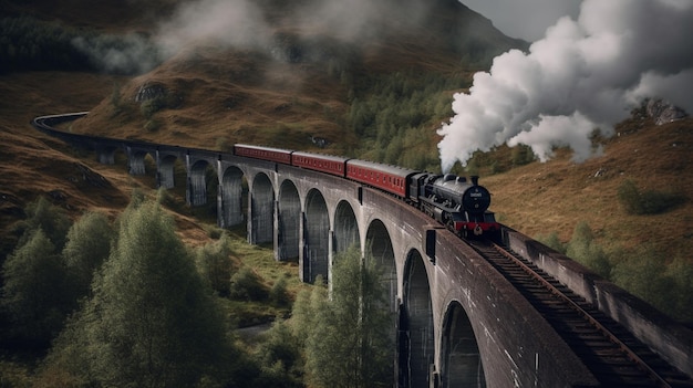 Beleuchteter Zug, laufende Brücke, helle, schöne Foto, Ai erzeugt Kunst