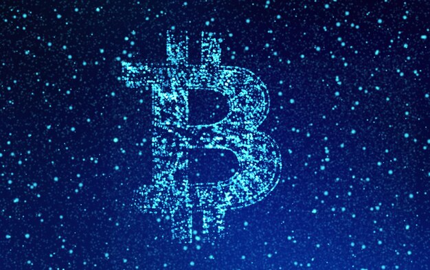 Foto beleuchtetes bitcoin-symbol auf blauem hintergrund