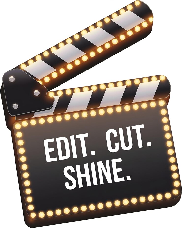 Foto beleuchtetes film-clapperboard mit dem satz edit cut shine